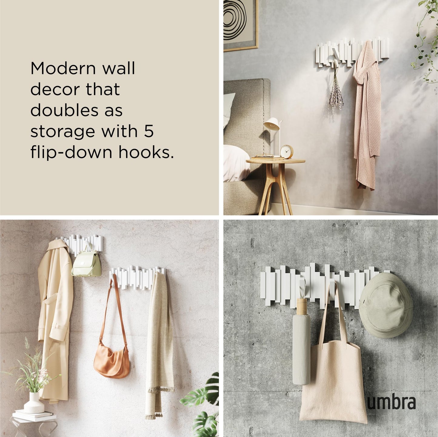 Umbra Sticks Wall-Mounted Coat Rack Rail Hook with 5 Retractable Pegs – Modern, Space-Saving Storage Organizer, White Umbra