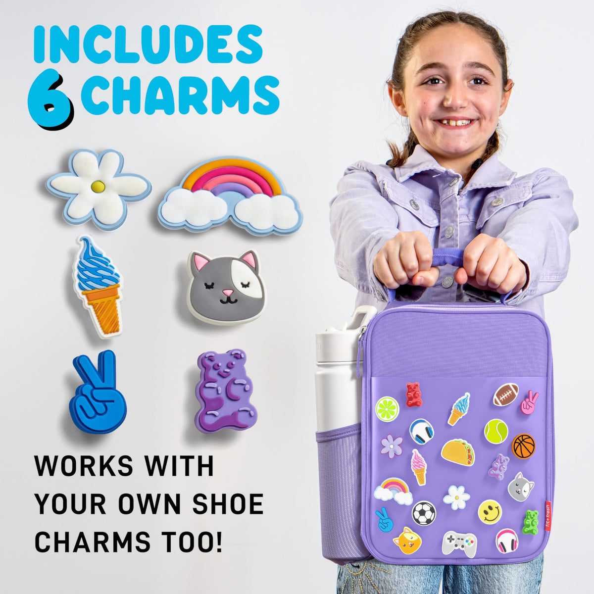 Fit & Fresh Charm Lunch Bag for Kids, Thermal Insulated Lunch Box for Kids Boys & Girls with Shoe Charm Slots for Personalization, School Lunch Box, Purple