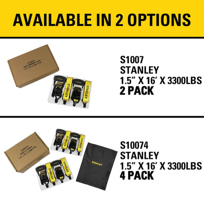 Stanley S1007 Black/Yellow 1.5" x 16' Ratchet Tie Down Straps - Heavy Cargo Securing (3,300 lbs Break Strength), 2 Pack Stanley