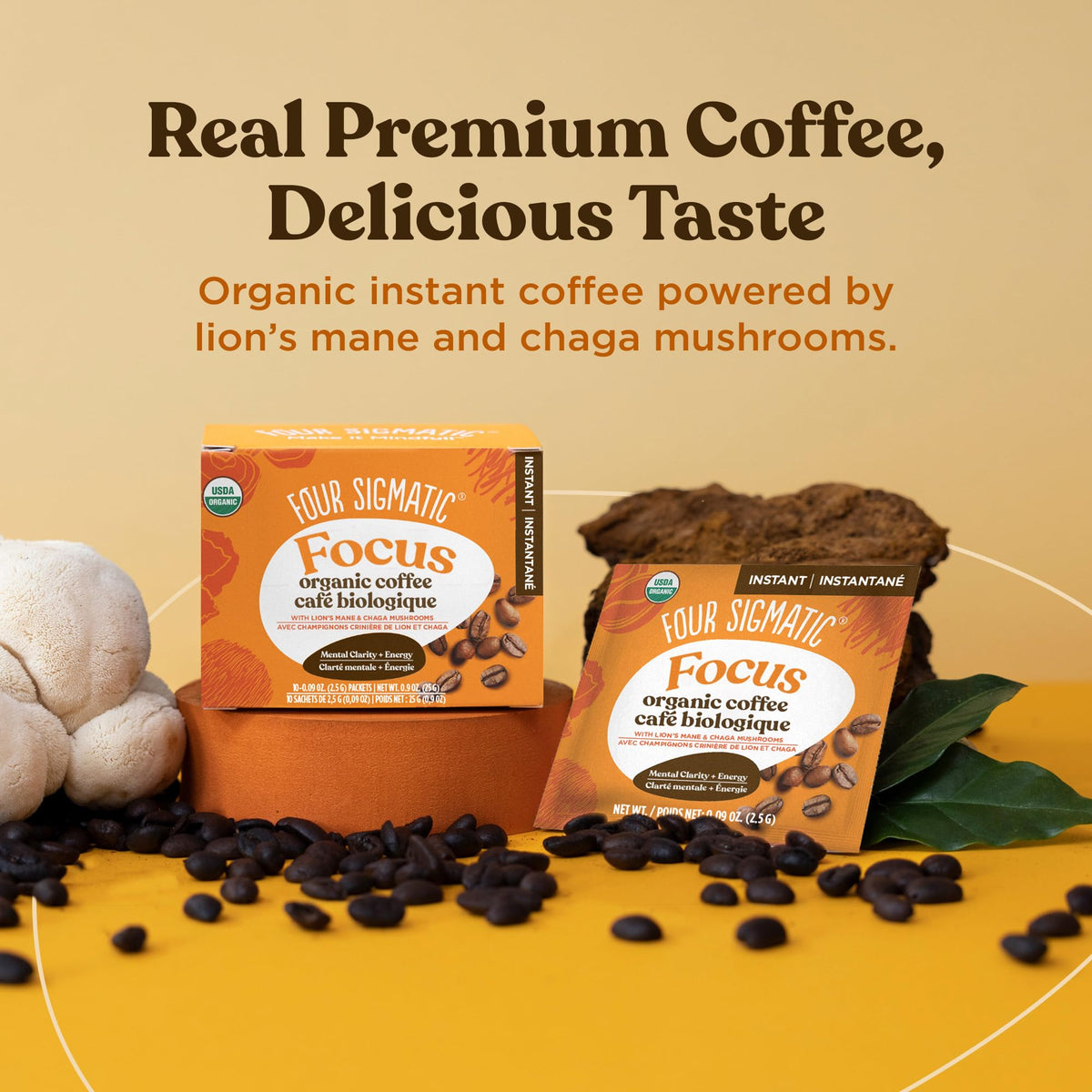 Four Sigmatic Focus Organic Mushroom Coffee Arabica Instant Coffee Singles with Lion's Mane, Chaga and Rhodiola Mushroom Coffee Instant Mix for Better Focus and Immune Support 10 Packets