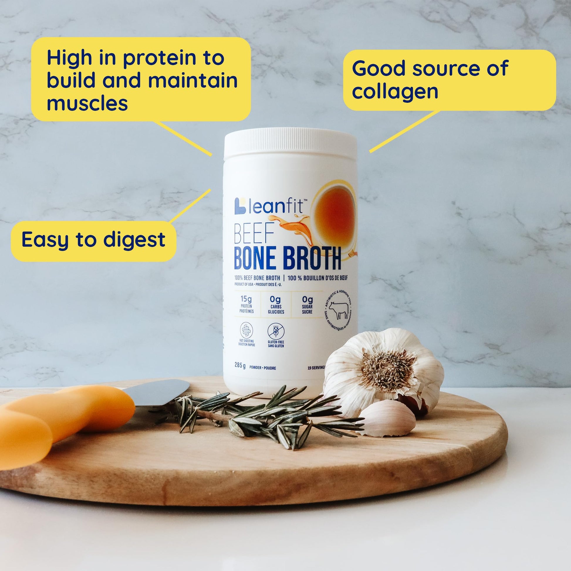 LeanFit Grass-Fed Beef Bone Broth Powder - 15g Protein, 19 Servings, 285g