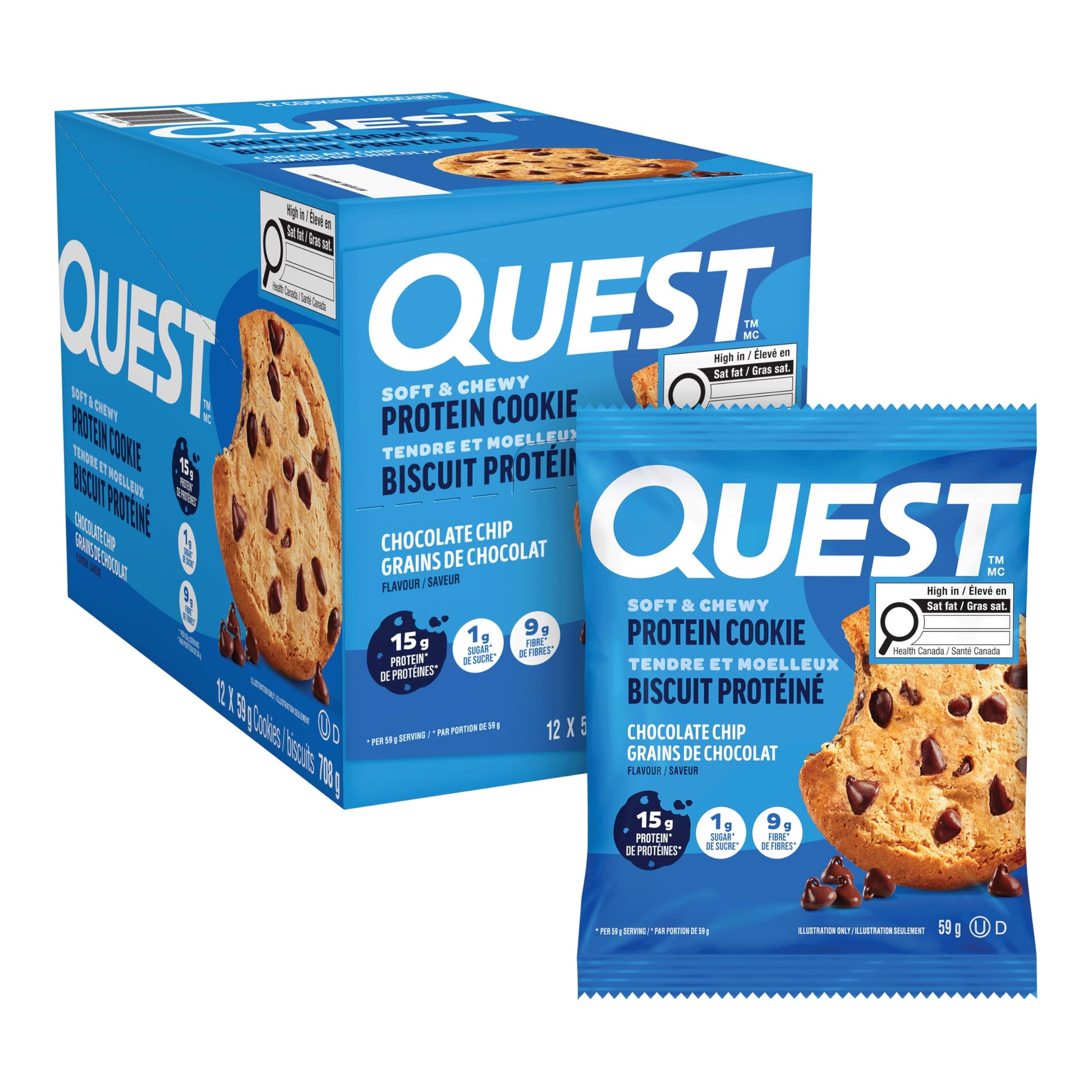 Quest Nutrition Chocolate Chip Protein Cookie - 15g Protein, 1g Sugar, Keto Friendly, 12-Pack