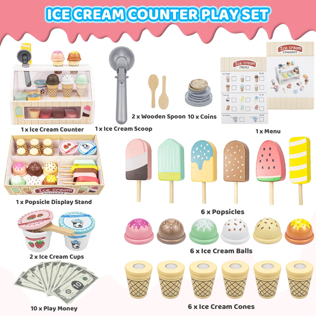 Wooden Ice Cream Toys Kids Pretend Play Store Toys for Toddlers Girls 3-5, Play Kitchen Accessories with Counter & Menu, Wooden Food Christmas Birthday Gifts for 3 4 5 Year Old Girls Boys 🍁 All In One Marketplace Canada
