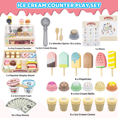 Wooden Ice Cream Toys Kids Pretend Play Store Toys for Toddlers Girls 3-5, Play Kitchen Accessories with Counter & Menu, Wooden Food Christmas Birthday Gifts for 3 4 5 Year Old Girls Boys 🍁 All In One Marketplace Canada