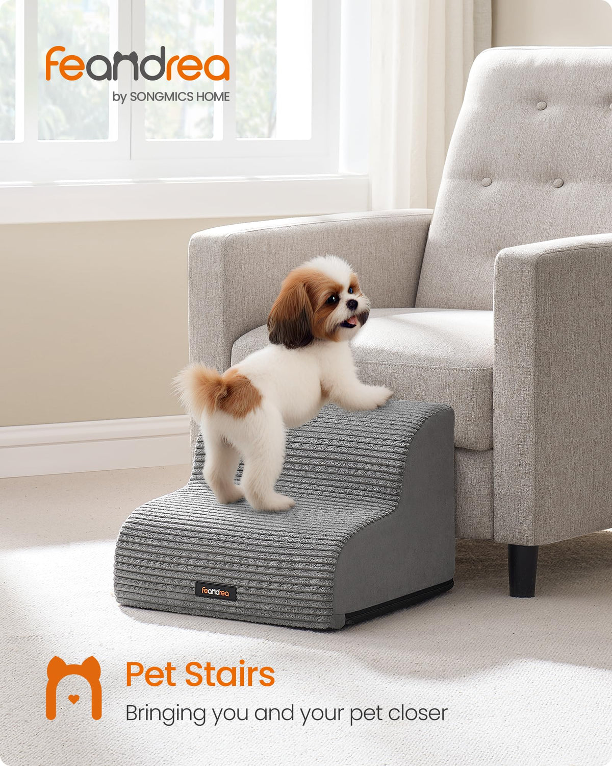 Feandrea 2-Step Dog Stairs, Dog Steps for Bed, Sofa, Waterproof Pet Stairs with Anti-Slip Designs, Gentle Slope, Removable Washable Cover, Handle, Dove Grey UPPS002G01