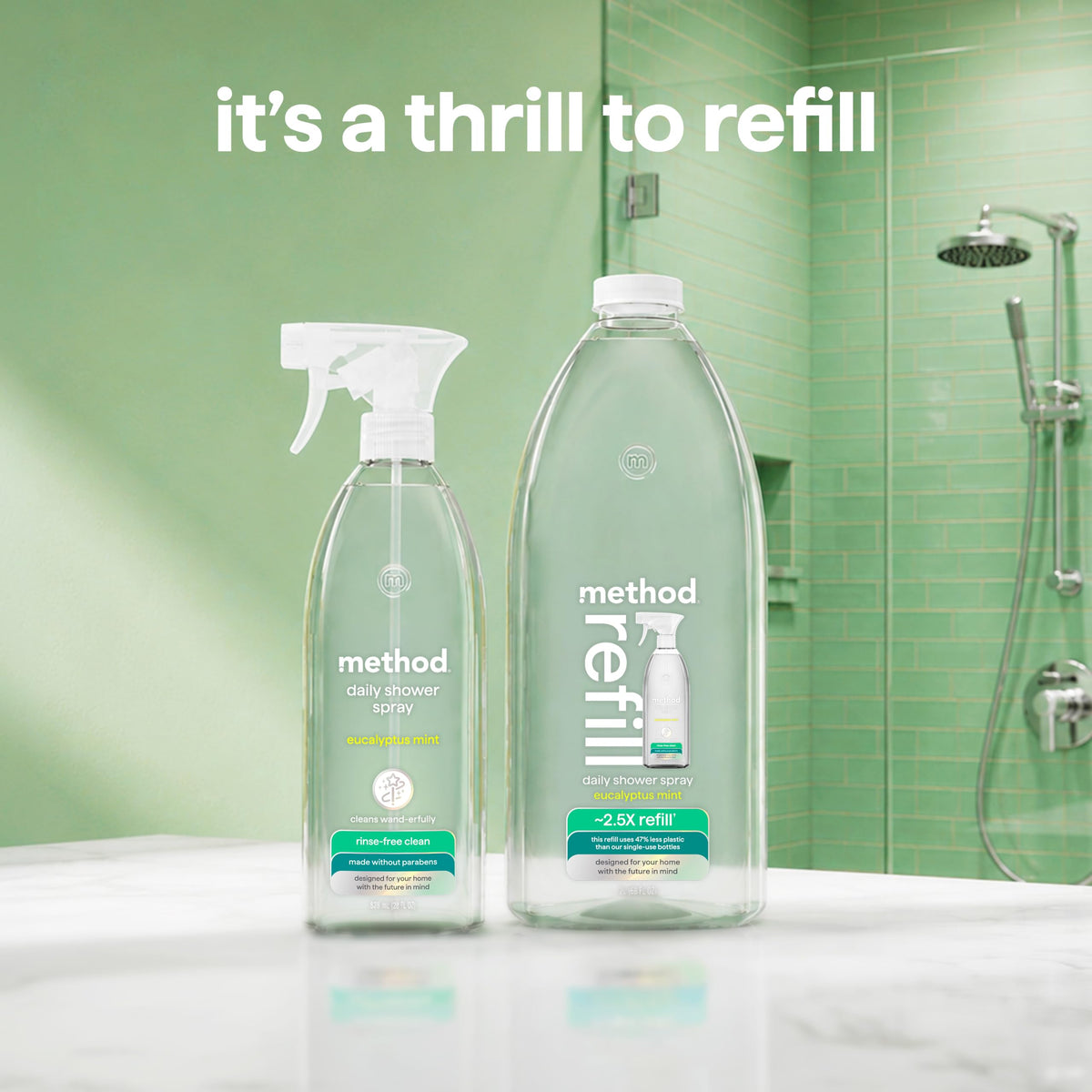 Method Daily Shower Cleaner Spray, Plant-Based & Biodegradable Formula, Spray and Walk Away - No Scrubbing Necessary, Eucalyptus Mint Scent, 828 ml Spray Bottles, 8 Pack, Packaging May Vary