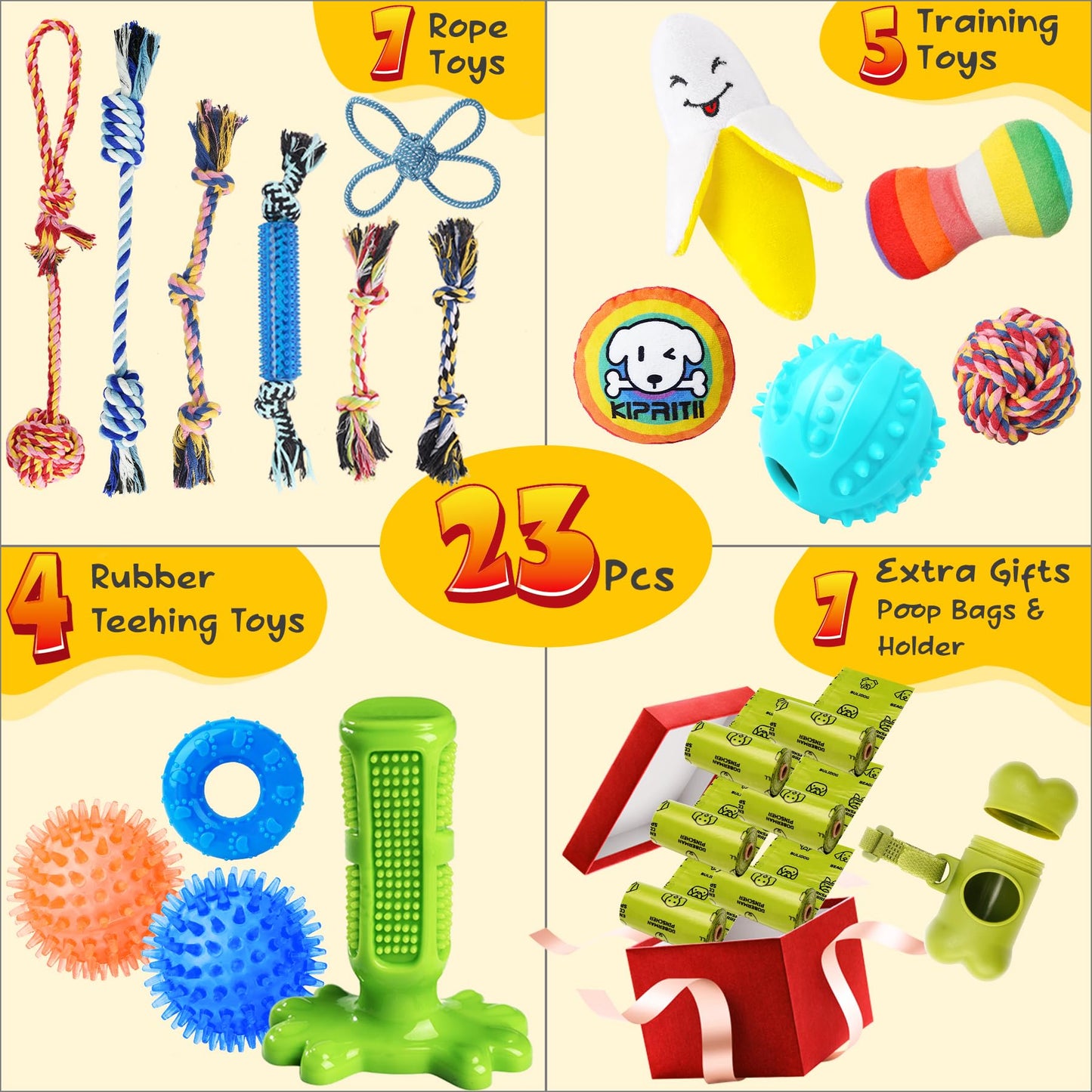 KIPRITII Dog Toys for Puppy Teething - 23 Pack Puppy Teething Toys for Boredom, Pet Dog Toothbrush Dog Toys with Rope Toys, Dog Treat Ball and More Squeaky Toy for Puppies and Small Dogs - Available at All In One Marketplace Canada