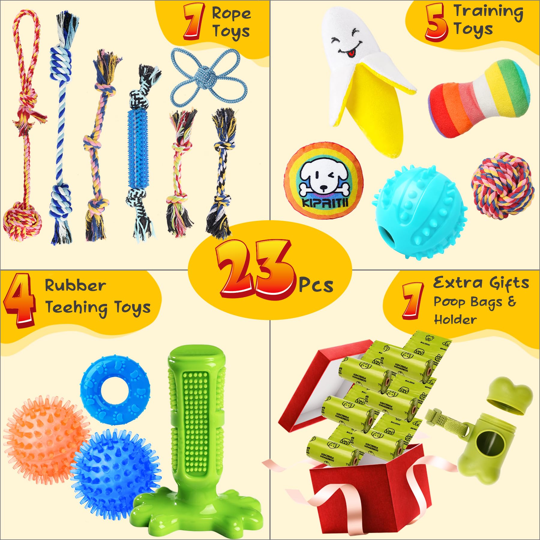 KIPRITII Dog Toys for Puppy Teething - 23 Pack Puppy Teething Toys for Boredom, Pet Dog Toothbrush Dog Toys with Rope Toys, Dog Treat Ball and More Squeaky Toy for Puppies and Small Dogs - Available at All In One Marketplace Canada