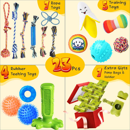KIPRITII Dog Toys for Puppy Teething - 23 Pack Puppy Teething Toys for Boredom, Pet Dog Toothbrush Dog Toys with Rope Toys, Dog Treat Ball and More Squeaky Toy for Puppies and Small Dogs - Available at All In One Marketplace Canada