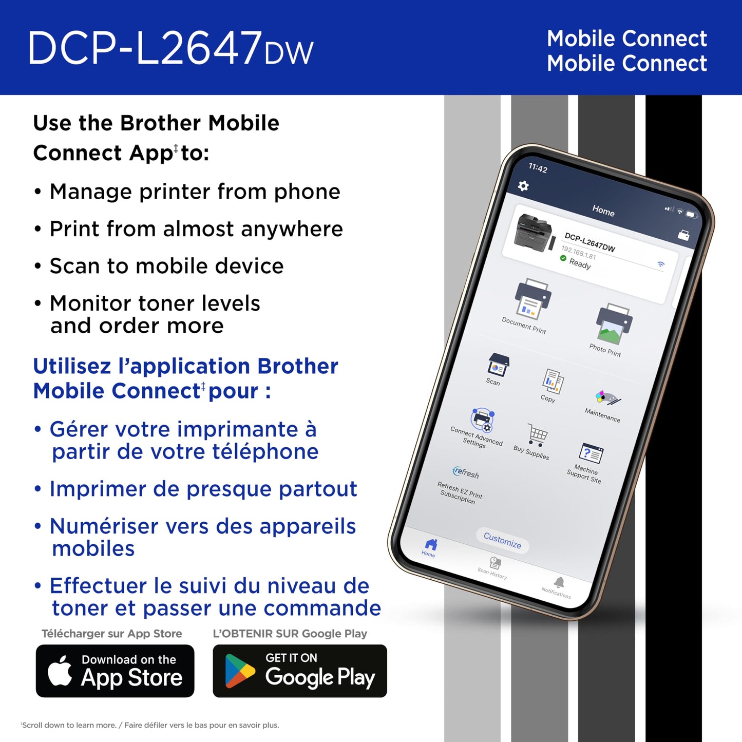 Brother DCP-L2647DW Compact Wireless Monochrome Laser Printer with Scanner, 250-Sheet PaperTray