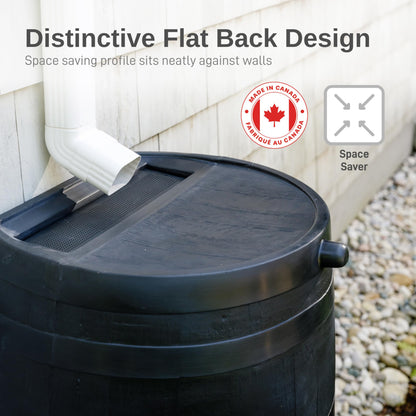 Récupérateur d'eau de pluie RTS Home Accents de 50 gallons (190 L) ECO fabriqué à partir de plastique 100 % recyclé, baril de collecte à dos plat, noir