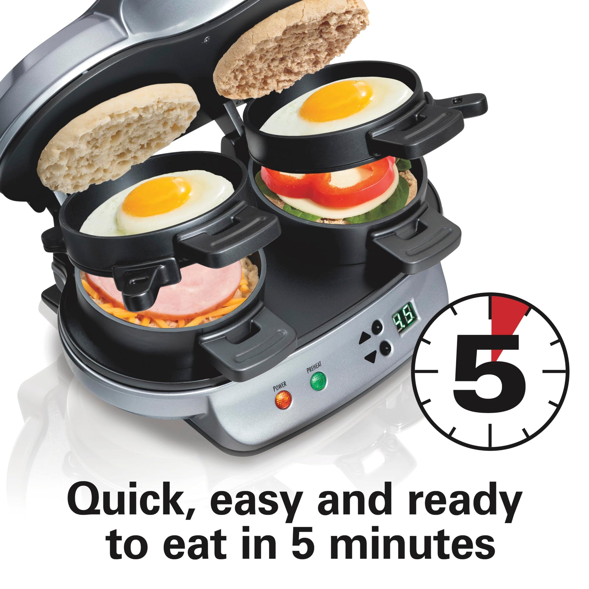 Hamilton Beach Dual Breakfast Sandwich Maker with Audible Timer, Ready in 5 Minutes, Removable Dishwasher Safe PFAS-Free Non-Stick Egg Cooker Ring, Silver (25490MNC) Hamilton Beach