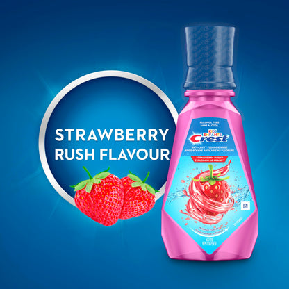 Crest Kid's Anticavity Fluoride Mouthwash, Strawberry Rush, Alcohol-Free Mouthwash for Kids 6+ to Protect Against Cavities, 4X500mL - Available at All In One Marketplace Canada