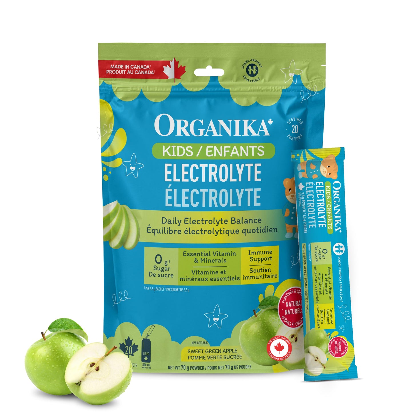 Organika Kids Electrolytes Powder Sticks - Sugar-Free Hydration + Immune support with 100% of daily Vitamin C, Minerals and Prebiotic Fibre | Green Apple Flavour - 3.5g x 20 sachets Organika
