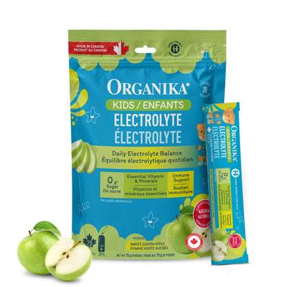 Organika Kids Electrolytes Powder Sticks - Sugar-Free Hydration + Immune support with 100% of daily Vitamin C, Minerals and Prebiotic Fibre | Green Apple Flavour - 3.5g x 20 sachets Organika