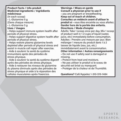 Sports Research® L-Glutamine Powder - Workout Recovery Support, Immune Health & Gut Health Support - Easy to Mix Powder - 5g Per Serving - 300g Container Size for Daily Supplement Use - Available at All In One Marketplace Canada