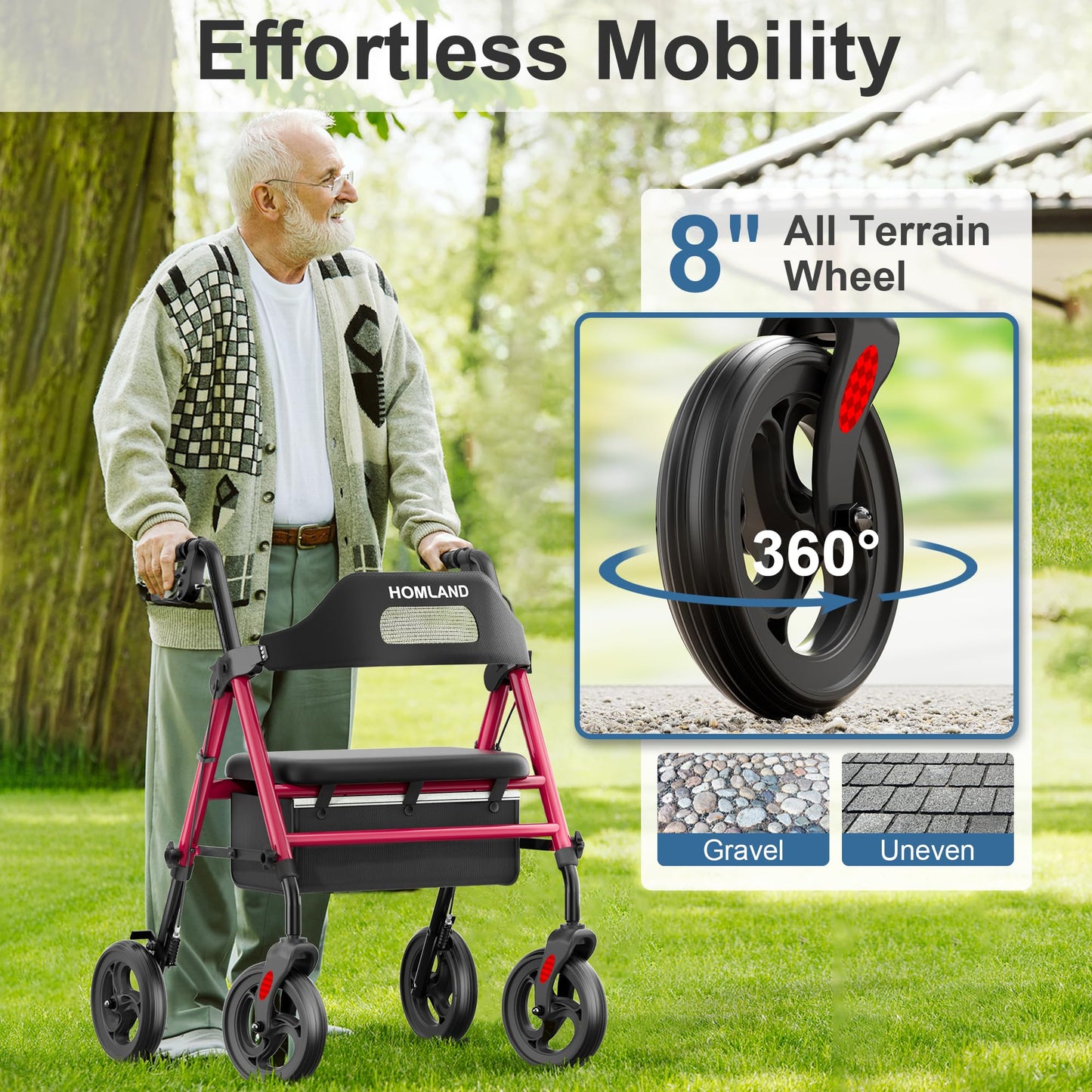 HOMLAND Foldable Rollator Walkers with Seat for Seniors, 8'' Big Wheels, 350 lb. Weight Capacity, Adjustable Handles and Seat Height, Lightweight Rolling Walker, Red - Available at All In One Marketplace Canada