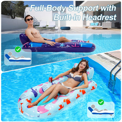 PuppyuWill 2 Pack Pool Floaties for Adults, Inflatable Pool Lounger Float Heavy Duty with Cup Holder, Backrest & Footrest Pool Lounge Float Extra Large Pool Rafts for Adults Beach Lake Party