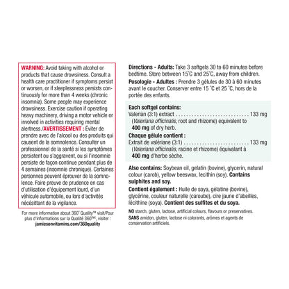 Jamieson Valerian 400 mg, Calming, Melatonin-Free, Natural Herbal-Based Sleep Aid, Reduces Nervousness and Restlessness. Gluten-Free, 60 Softgels, Proudly Canadian - Available at All In One Marketplace Canada
