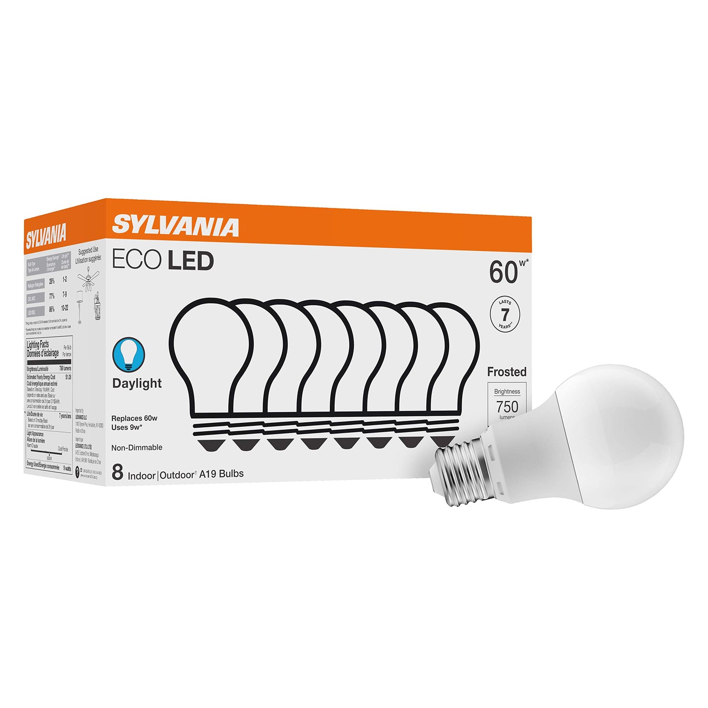 Sylvania ECO LED A19 Light Bulb, 60W Equivalent, Efficient 9W, 7 Year, 750 Lumens, Non-Dimmable, Frosted, 5000K, Daylight - 8 Count (Pack of 1) (40883) LEDVANCE