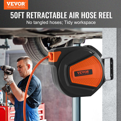 VEVOR Retractable Air Hose Reel, 3/8 in x 50 FT Hybrid Air Hose Max 300PSI, Air Compressor Hose Reel with 5 ft Lead in, Ceiling/Wall Mount Enclosed Air Reel, 180° Swivel Mount VEVOR