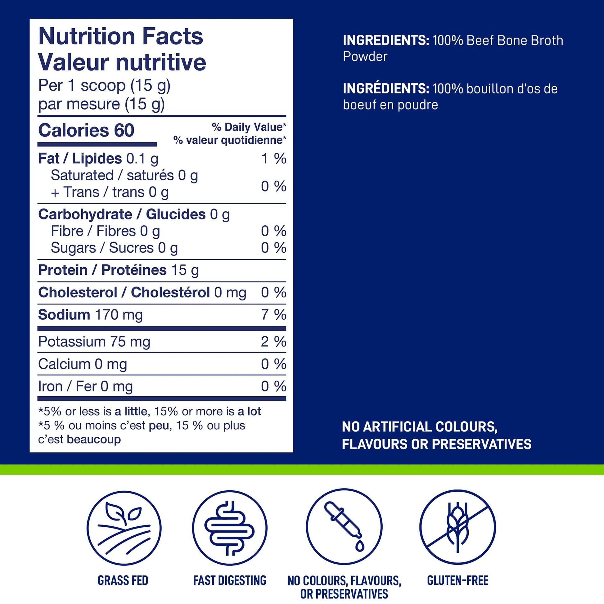 LeanFit Grass-Fed Beef Bone Broth Powder - 15g Protein, 19 Servings, 285g