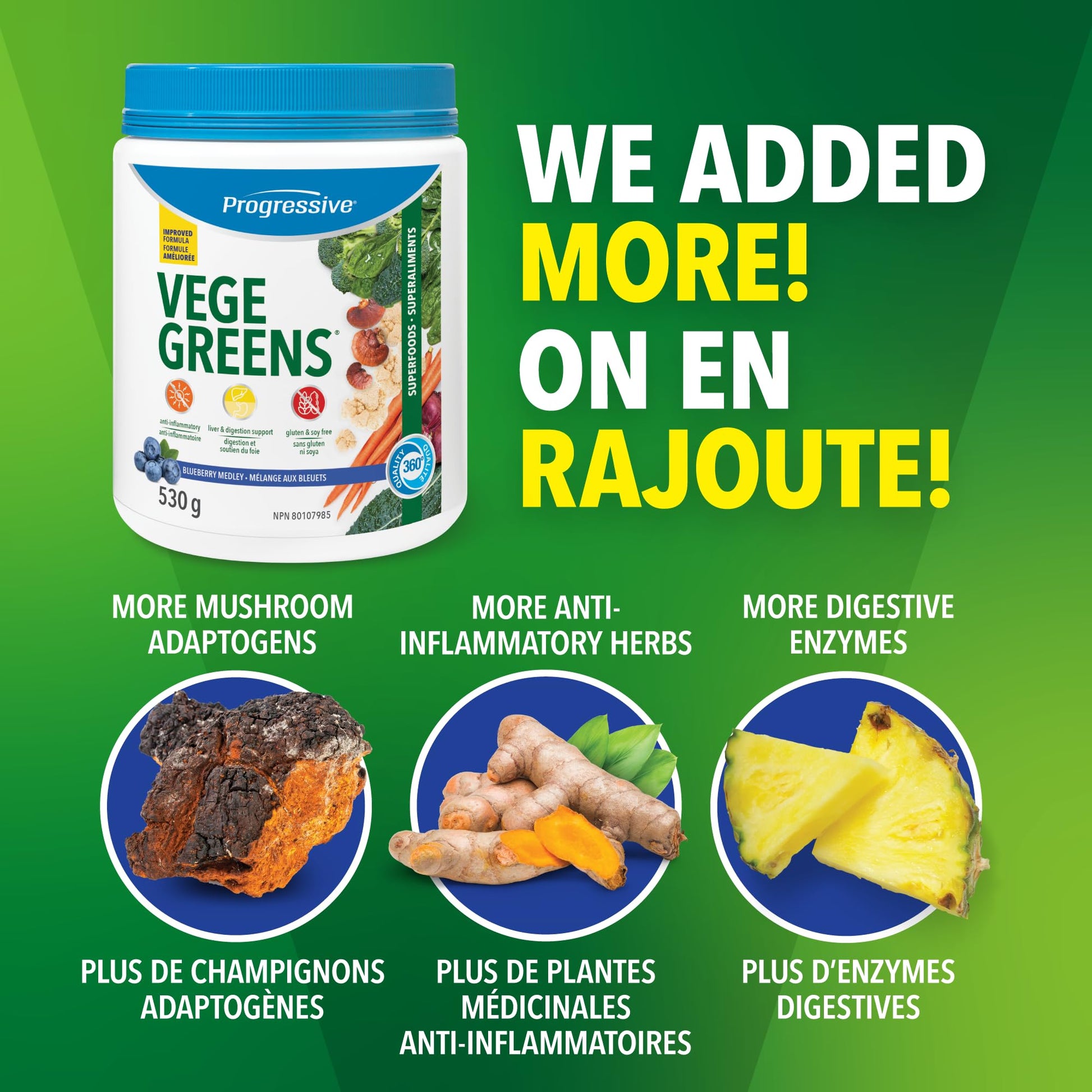 Progressive VegeGreens Blueberry Medley, Vegan Canadian-Made Superfoods + Daily Greens with 23 Whole Foods, Adaptogens, Anti-Inflammatory, Antioxidants & Digestive Support for Energy and Immunity, 530 g Progressive Health