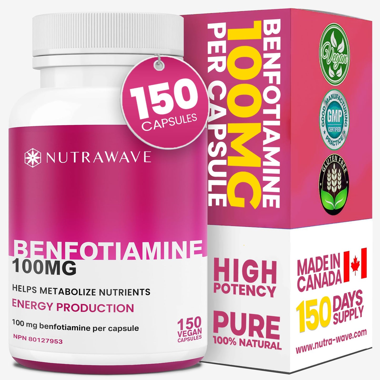 Nutrawave PURE *BONUS SIZE* 150 capsules HIGHEST POTENCY Benfotiamine Complex – 100mg, Thiamine B1 Supplement, Increased Energy, Nerve Support, All-Natural, Vegan, Gluten Free. 5-month supply - Available at All In One Marketplace Canada