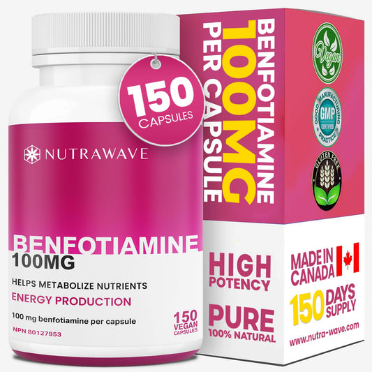 Nutrawave PURE *BONUS SIZE* 150 capsules HIGHEST POTENCY Benfotiamine Complex – 100mg, Thiamine B1 Supplement, Increased Energy, Nerve Support, All-Natural, Vegan, Gluten Free. 5-month supply - Available at All In One Marketplace Canada