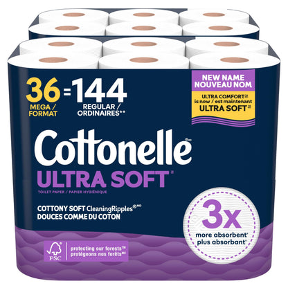 Cottonelle Toilet Paper, 36 Mega Rolls = 144 Regular Rolls (2 Packs of 18), Ultra Soft (Formerly Ultra Comfort), Soft Bathroom Tissue, 244 Sheets per Roll, Packaging May Vary