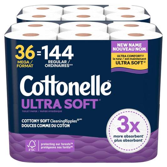 Cottonelle Toilet Paper, 36 Mega Rolls = 144 Regular Rolls (2 Packs of 18), Ultra Soft (Formerly Ultra Comfort), Soft Bathroom Tissue, 244 Sheets per Roll, Packaging May Vary