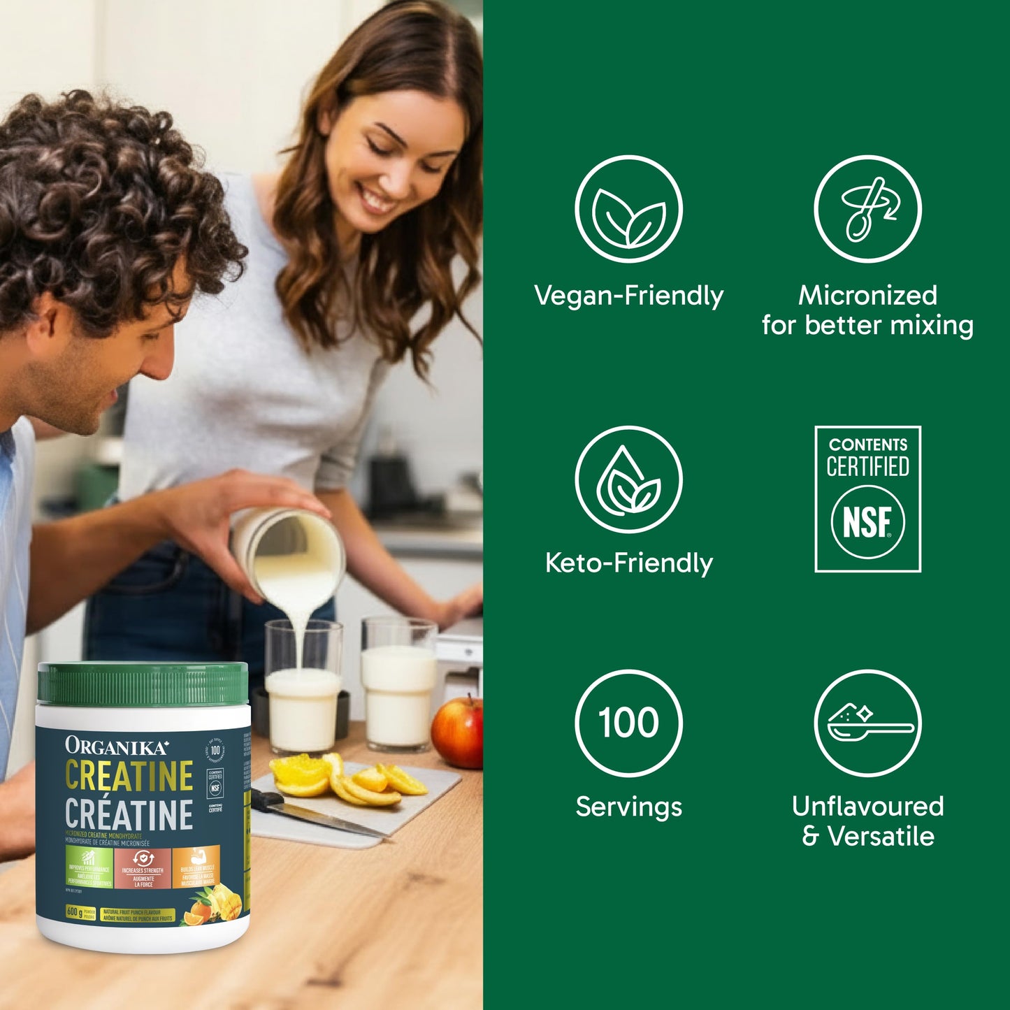 Organika Canadian-Made Creatine Powder- Fruit Punch- Pure Micronized Creatine Monohydrate - Helps Build Lean Muscle, Increase Strength, and Improved Recovery and Performance for Men and Women - 600g