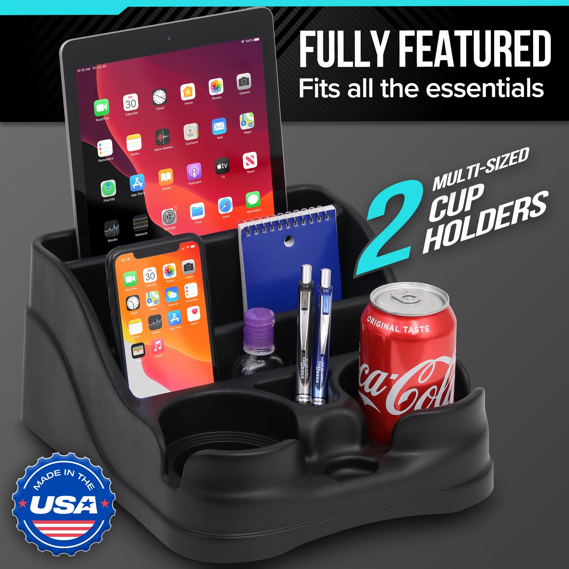 Moblorg Small Center Console for Cars, Trucks, Minivans, SUVs, Vehicle Organizer, Cup Holders, Recycled Plastic, Made in USA (Black) MOBLORG