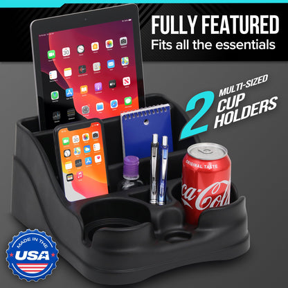 Moblorg Small Center Console for Cars, Trucks, Minivans, SUVs, Vehicle Organizer, Cup Holders, Recycled Plastic, Made in USA (Black) MOBLORG