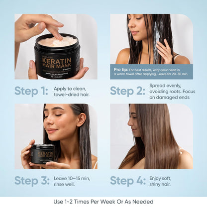 Keratin Hair Mask - Deep Conditioner for Dry, Damaged Hair — Hydrolyzed Keratin, Hyaluronic Acid, Argan Oil and Collagen - Sulfate-Free, Paraben-Free | 8.5 fl oz - Available at All In One Marketplace Canada