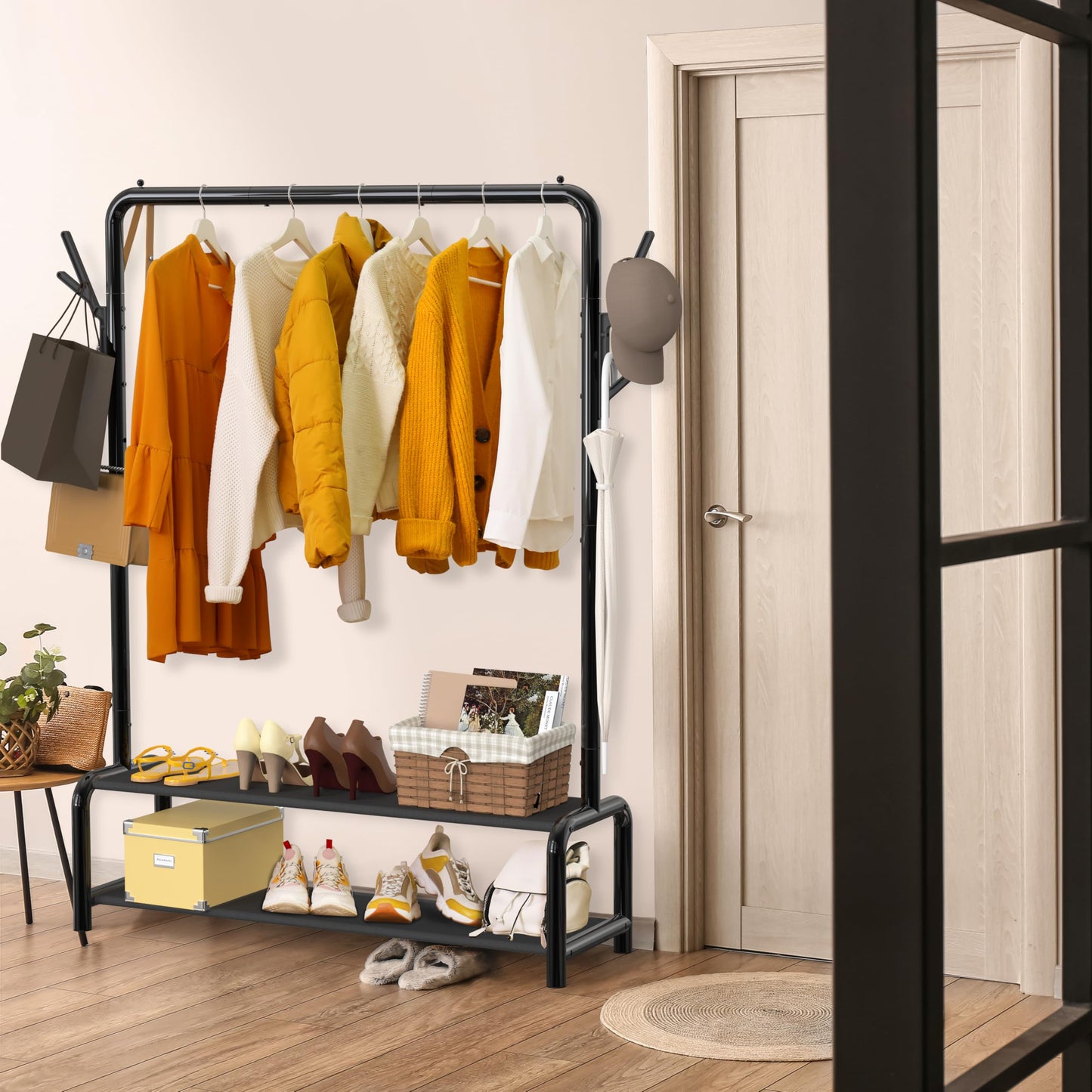 Simple Houseware 52-Inch Garment Rack with Storage Shelves and Coat/Hat Hanging Hooks, Black - Available at All In One Marketplace Canada