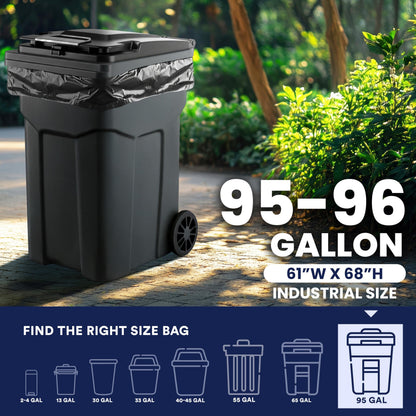Plasticplace 95-96 Gallon Garbage Can Liners Heavy Duty 1.5 Mil Black Trash Bags Tear-Resistant Outdoor Garbage Bags for Rollaway Bins Large 61" x 68" Industrial-Strength Waste Bags (25 Count)