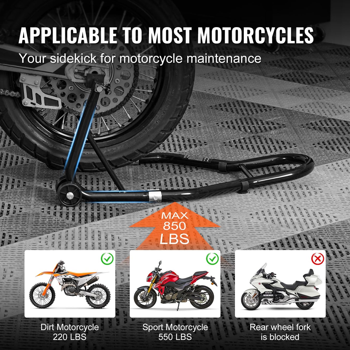 VEVOR Motorcycle Rear Wheel Stand, with U + L Fork Swingarm Spool, 850 lbs Capacity Heavy Duty Rear Wheel Stand Motorcycle Lift Jack Stand, for Suzuki Yamaha Honda Kawasaki, Black 🍁 All In One Marketplace Canada