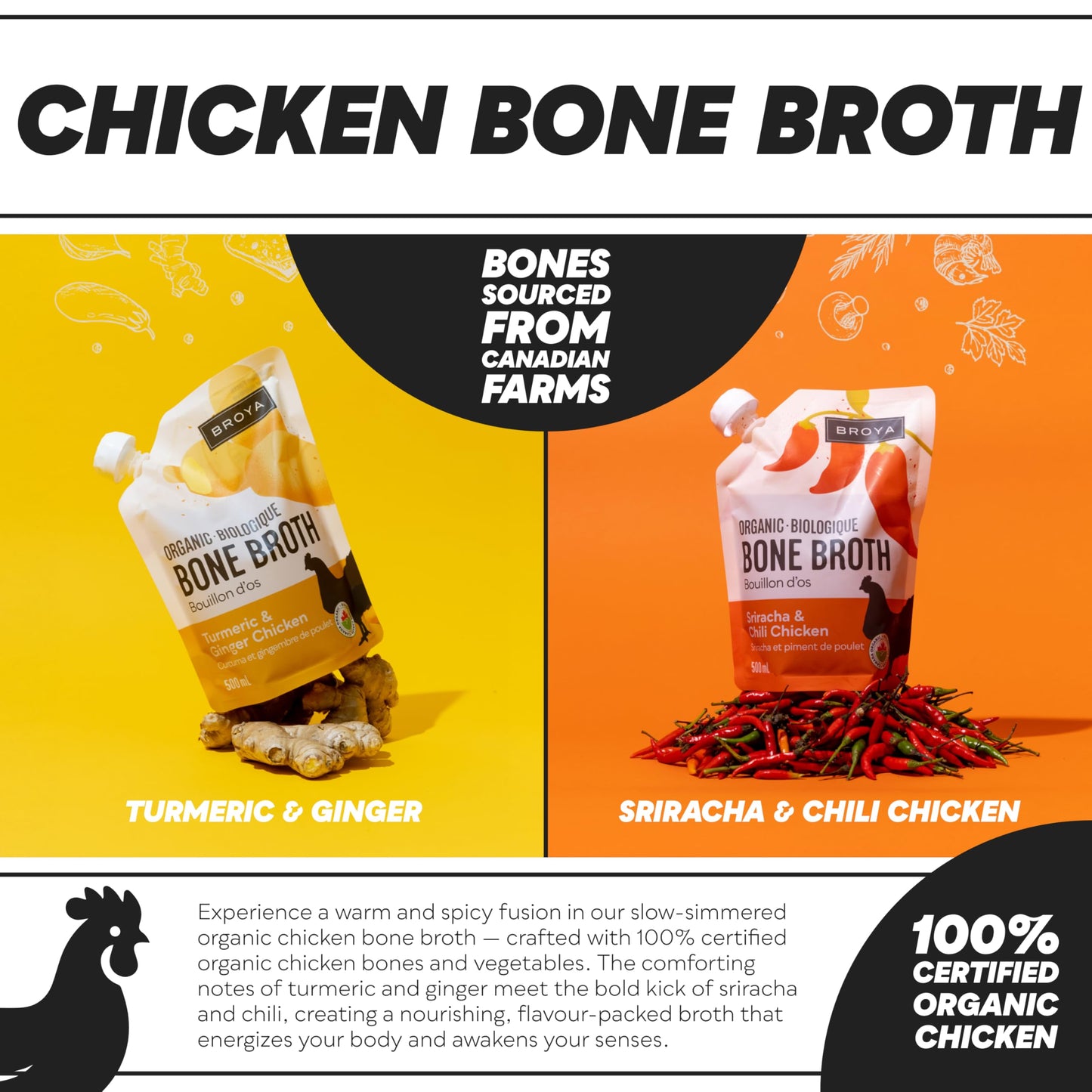 Broya Bone Broth Variety Pack - Grass-Fed Beef & Organic Chicken - Keto & Paleo Friendly - 500 ml (4 Pack)