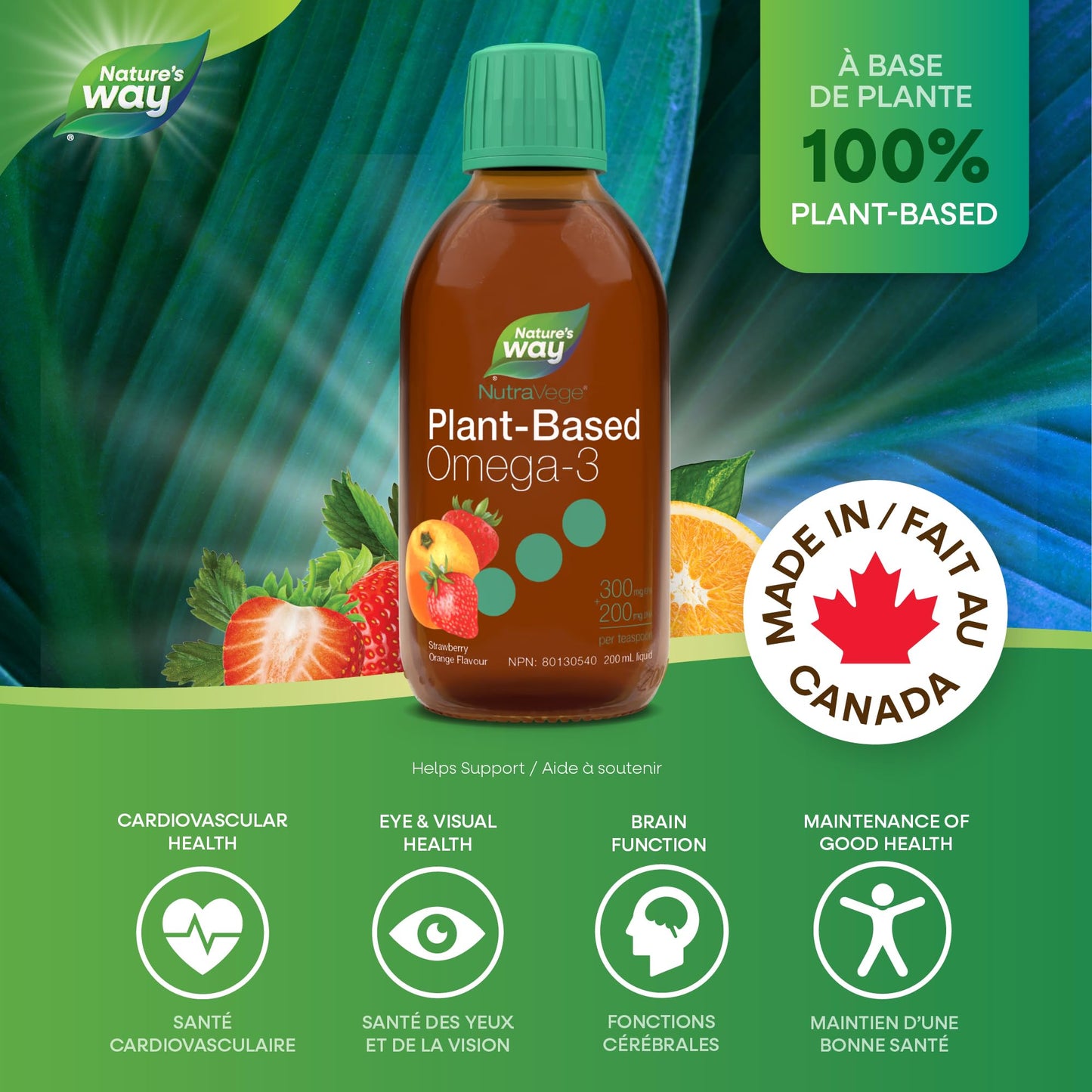 Nature's Way NutraVege Plant-Based Omega-3 – Vegetarian Liquid Omega-3 Supplement with 150mg EPA + 300mg DHA - Strawberry Orange Flavour – Support Heart, Eyes and Brain Function in Adults, 200ml Nature's Way