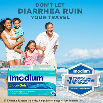 IMODIUM® LIQUI-GELS® - 2mg Loperamide Hydrochloride for Fast Acting Diarrhea Symptom Relief On the Go in Travel Size Softgels for Adults and Children 12+ - 60 Count