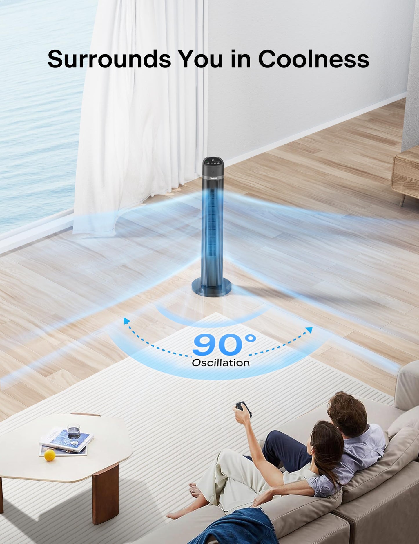PELONIS Oscillating Tower Fan with Remote Control 40’’ Quiet Stand Up Fan with 3 Speed Settings and 3 Modes 15-Hour Timer LED Display for Bedroom Home Office Use, Black