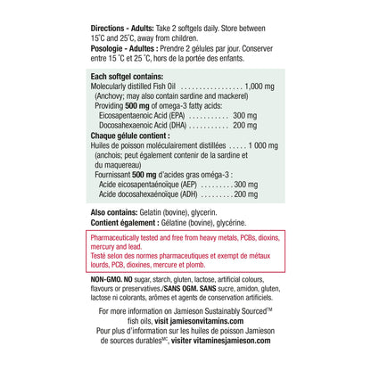 Jamieson Omega-3 Select 1,000 mg, Improves Heart Health, Supports Brain Health, and Reduces Inflammation. With 300 mg EPA and 200 mg DHA, Non-GMO, Gluten-Free, 200 Softgels