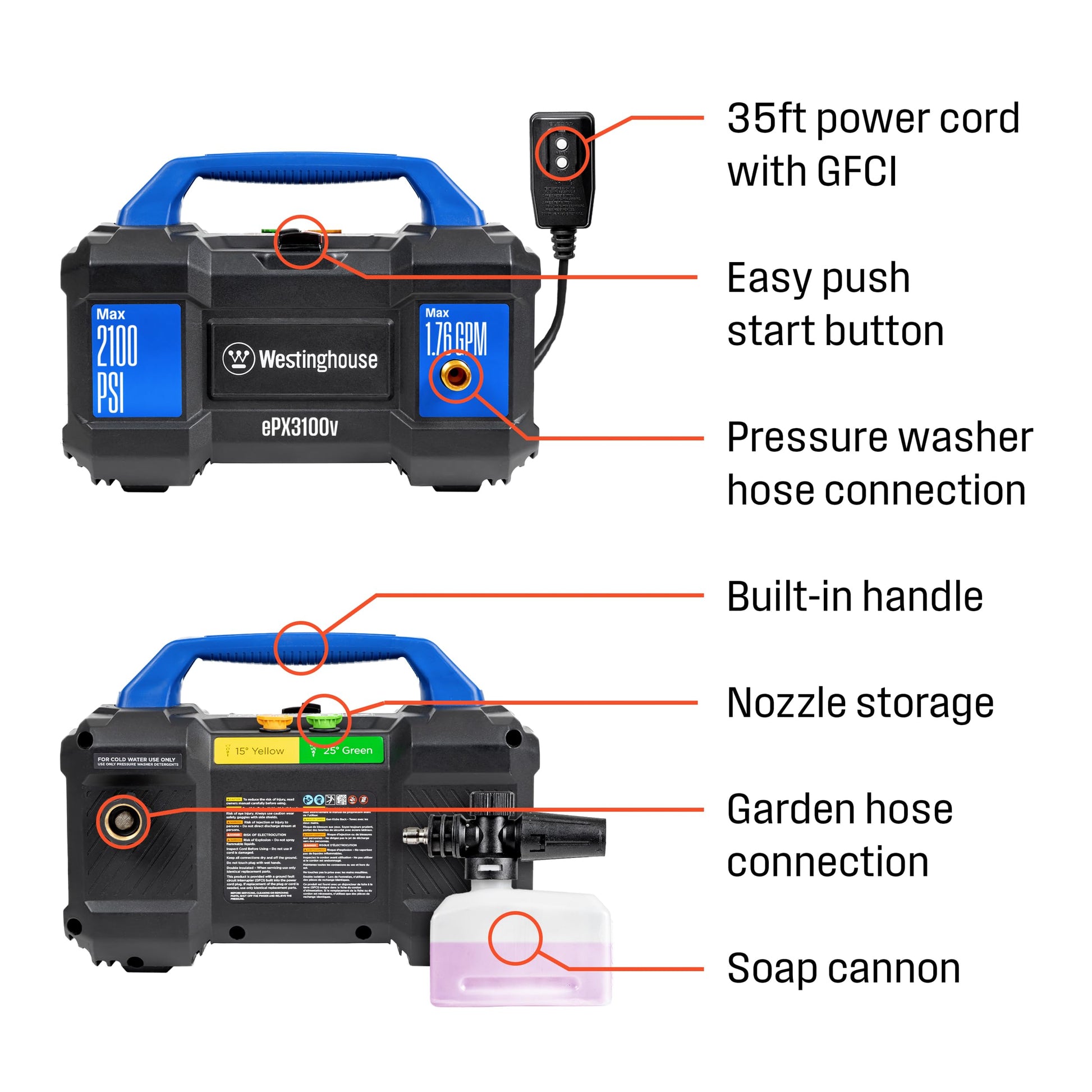 Westinghouse ePX3100v Electric Pressure Washer, 2100 Max PSI 1.76 Max GPM, Built-in Carry Handle, Detachable Foam Cannon, Pro-Style Steel Wand, 3-Nozzle Set, for Cars/Fences/Driveways/Home/Patios Westinghouse