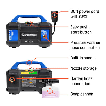 Westinghouse ePX3100v Electric Pressure Washer, 2100 Max PSI 1.76 Max GPM, Built-in Carry Handle, Detachable Foam Cannon, Pro-Style Steel Wand, 3-Nozzle Set, for Cars/Fences/Driveways/Home/Patios Westinghouse