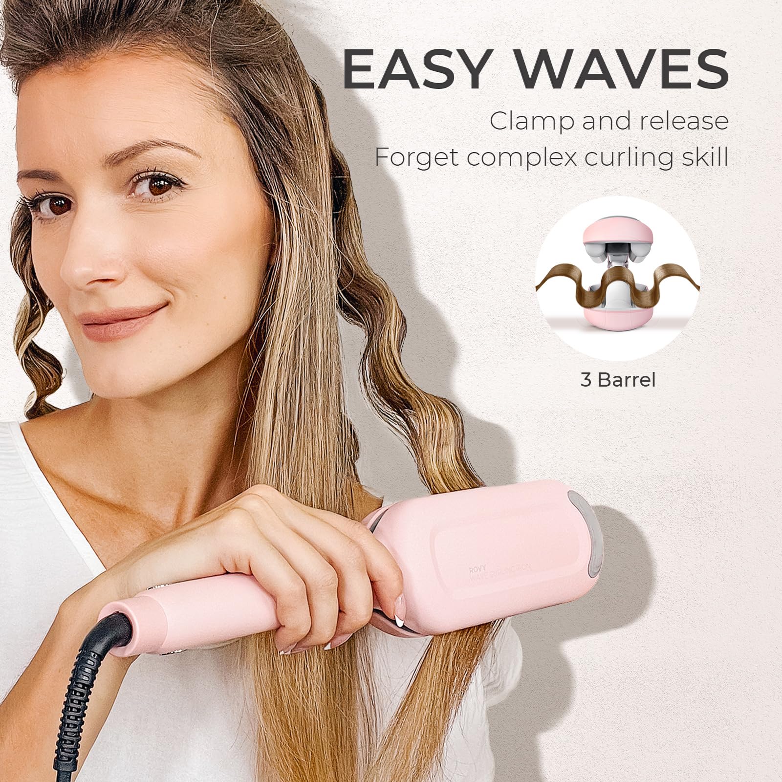 TYMO ROVY Hair Waver Curling Iron, 3-Barrel Ionic Hair Curler with 9 Heat Settings, Beach Waves Crimper for Women, Travel-Friendly, Anti-Scald, Fast Heating, Easy to Use, Pink, 1.25 inch
