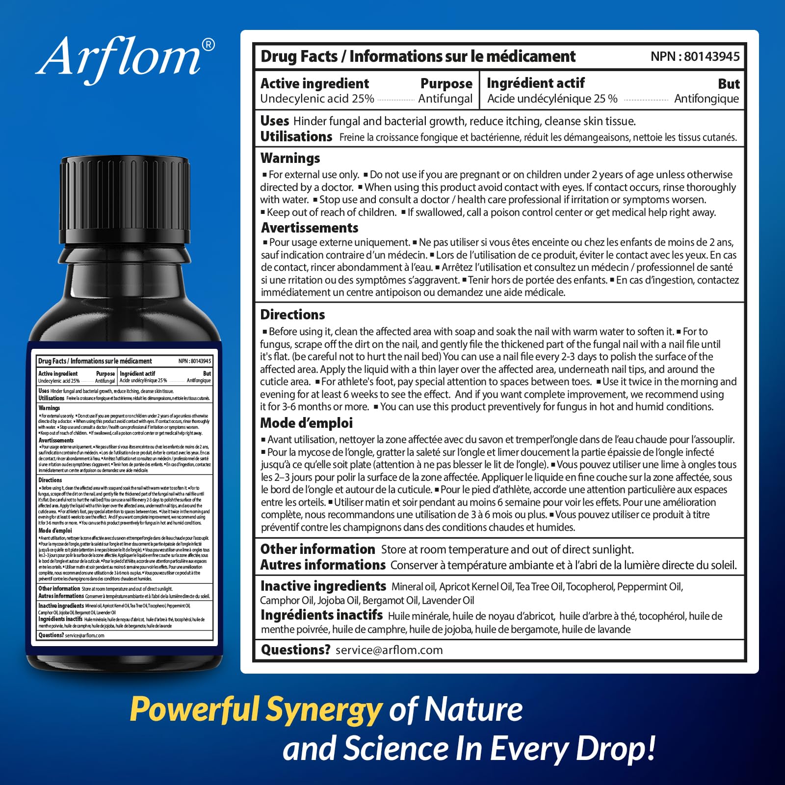 Arflom Toenail Fungus Treatment : 25% Undecylenic Fungal Nail Treatment Extra Strength - Toe and Fingernail with Tea Tree Oil (2pcs, 15ml each) - Available at All In One Marketplace Canada