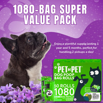 Pet N Pet Dog Poop Bags - USDA Certified 41% Plant-Based Doggy Poop Bags - Leak-Proof Sac Caca Chien Refill Rolls (1080 Count, Lavender Scented, Green)