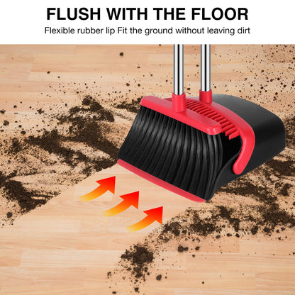 Broom and Dustpan Set, 52-in Long Adjustable Handle Broom Dustpan Combo with Dustpan Teeth to Automatically Clean Hair Suitable for Home Kitchen Office Hall Floor（Black&Red） - Available at All In One Marketplace Canada