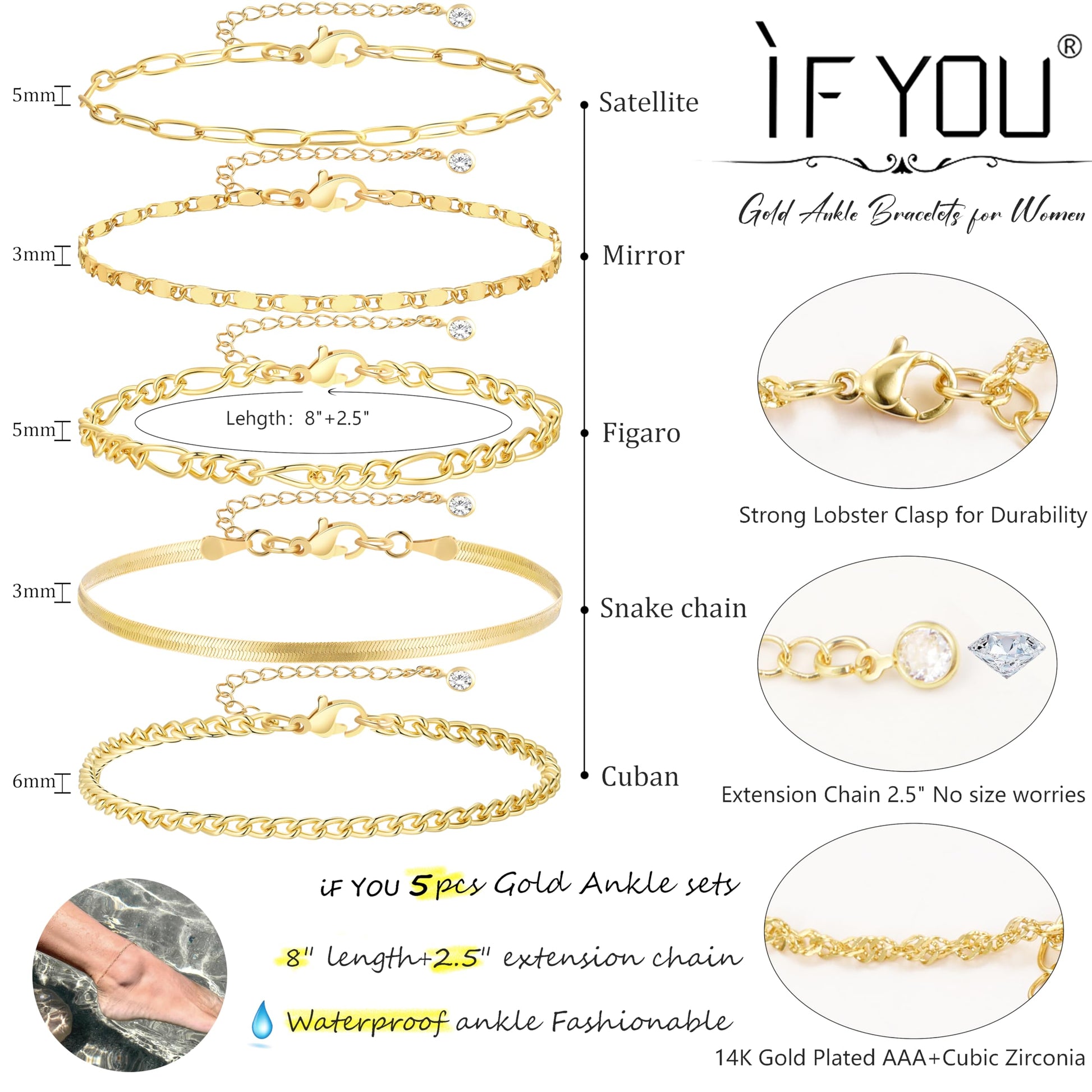 Gold Ankle Bracelets for Women, 14k Gold Plated Waterproof Cuban Link Chain Anklets Set, Layered Anklet Bracelets for Women Beach Gift Adjustable Size 5pc (GOLD-1) - Available at All In One Marketplace Canada